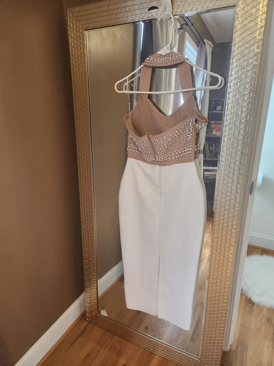 Beaded Halter Crop Top with White Midi Skirt - BELLABARNETT - Picture 7 of 7